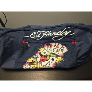 Ed Hardy Love is a Gamble Blue Zip Denim/Canvas Duffel Travel Gym Bag.